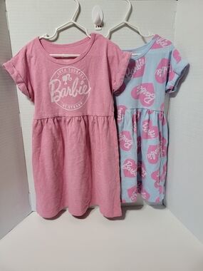 Barbie Girls Dress Lot – 2 Pieces Pink & Blue Graphic Dresses Size S (6/6X)